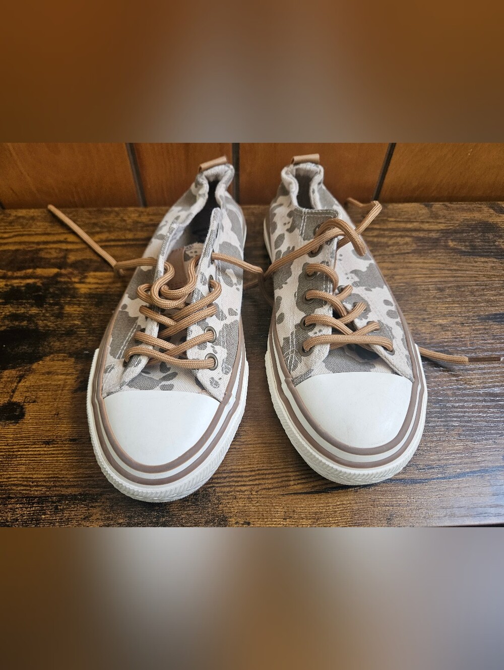 Very G Cow Print Canvas Sneakers with Tan Laces EUC